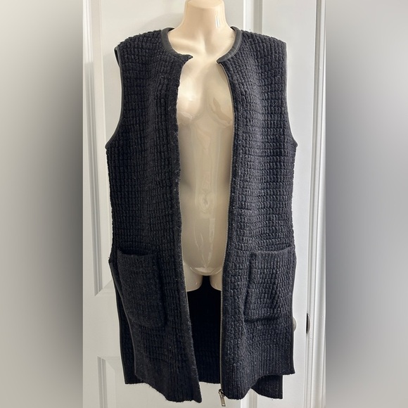 Club Monaco x M. Patmos 100% Merino Wool‎ Black Long Vest Leather Trim Pockets - Picture 4 of 13